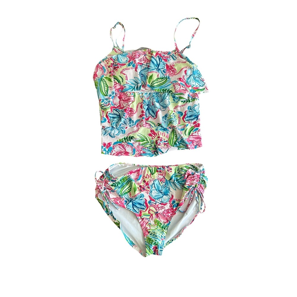 Stella Parker Floral Tankini Bathingsuit Set Ruffle Top High Waist Bottoms Sz L